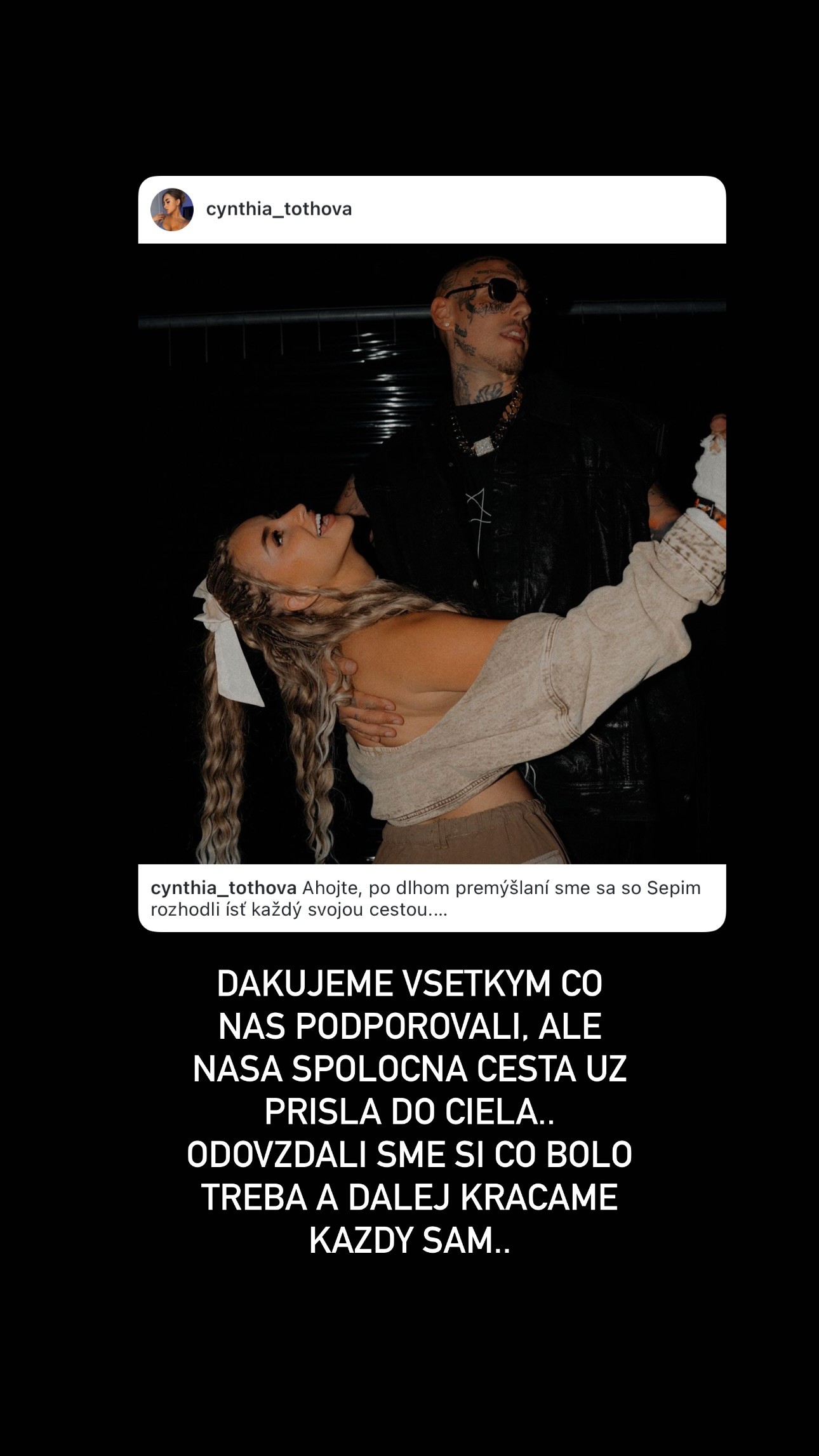 Separ sa vyjadril k rozchodu so Cynthiou.