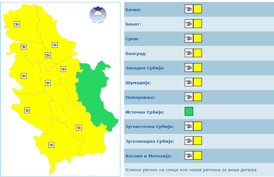 Žuti meteoalarm u većem delu Srbije
