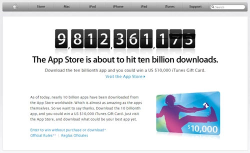 Szczęściarz, który ściągnie 10-miliardową aplikację, dostanie okrągłą sumkę do wydania w iTunes. Ot taka nagroda, która wraca do nagradzającego