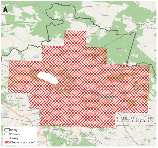 Obszar przekroczeń poziomu docelowego arsenu w pyle PM10, określonego ze względu na ochronę zdrowia w Głogowie 2019 r., źródło: Jakość powietrza na obszarze Głogowa informacja za 2019 r. na podstawie Państwowego Monitoringu Środowiska”, źródło: WIOŚ Wrocław