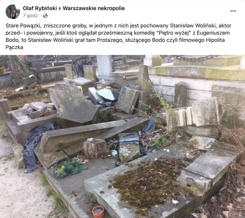 Zniszczony grób Stanisława Wolińskiego na Starych Powązkach 