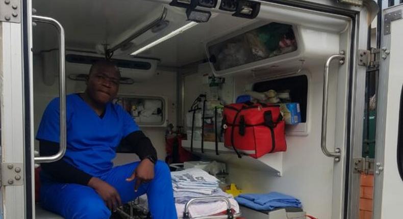 CFK Africa paramedic Nicholas Okumu on duty in Kibera, Nairobi County [Photo: Carol Meja]