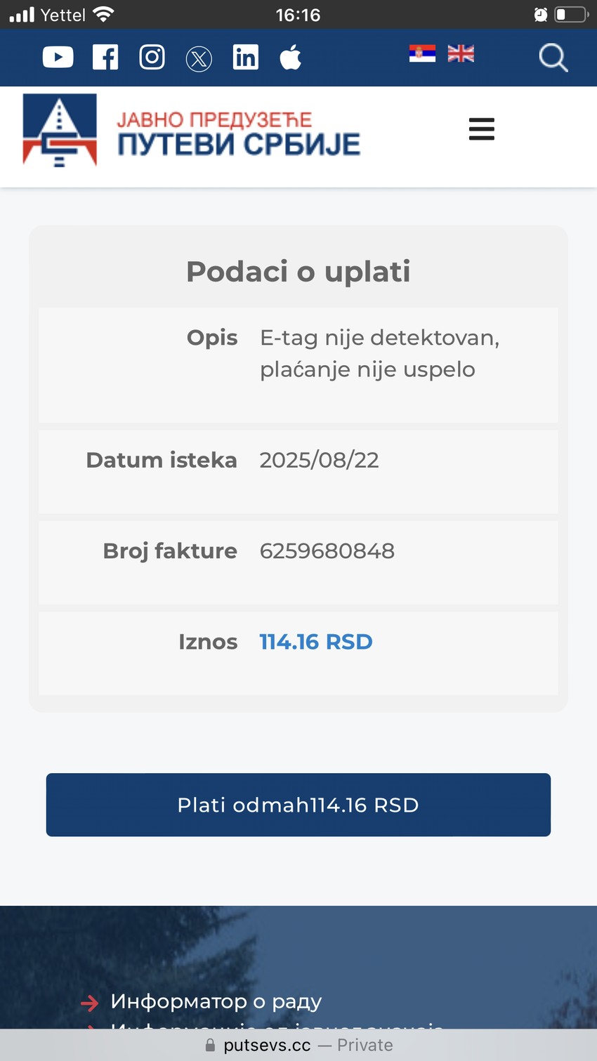 Lažni sajt JP "Putevi Srbije"