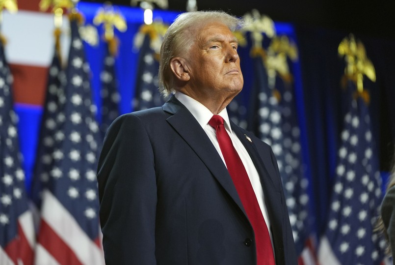 Republican presidential nominee former President Donald Trump arrives at an election night watch party at the Palm Beach Convention Center, Wednesday, Nov. 6, 2024, in West Palm Beach, Fla. (AP Photo/Evan Vucci)