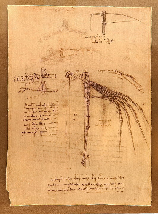Inny rysunek dotyczący maszyny latającej z Kodeksu Atlantyckiego (między 1485 a 1490, domena publiczna).