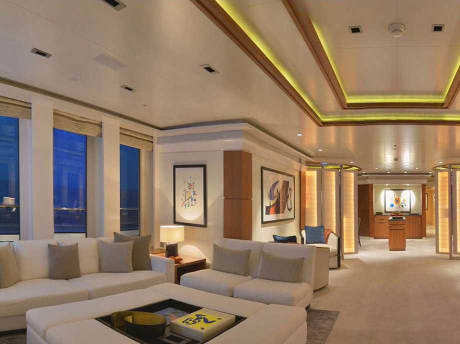 The main lounge from the Triple Seven yacht, available for charter for $610,000 a week.