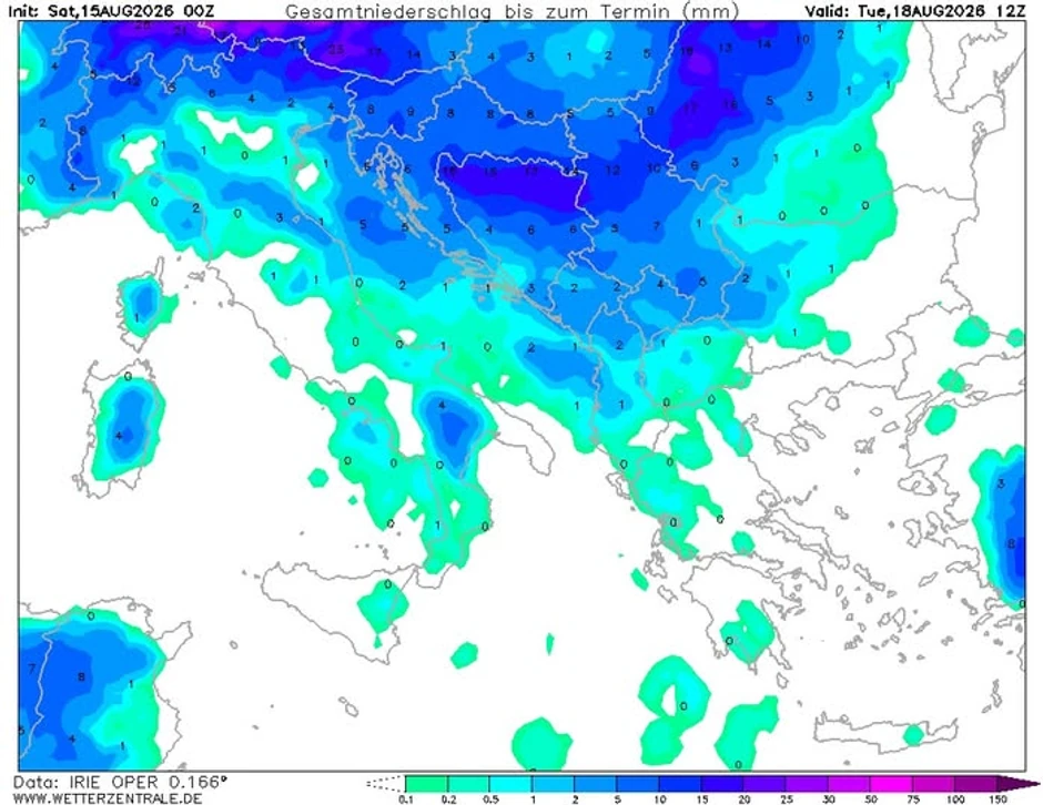 Mapa padavina u noći između ponedeljka i utorka