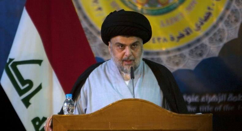 Shiite cleric Moqtada al-Sadr delivers a speech during a gathering in the Iraqi holy city of Najaf on March 19, 2017