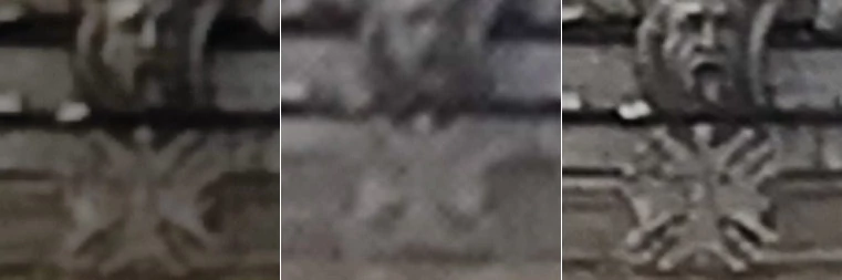 Wycinek zdjęcia w trybie zoomu cyfrowego 10x, w skali 1:1, od lewej: Mi 11, Mi 10 i Mi Note 10 Pro - wycinek interpolowany programowo do rozdzielczości oferowanej przez konkurentów (na smartfonie kliknij, aby powiększyć)