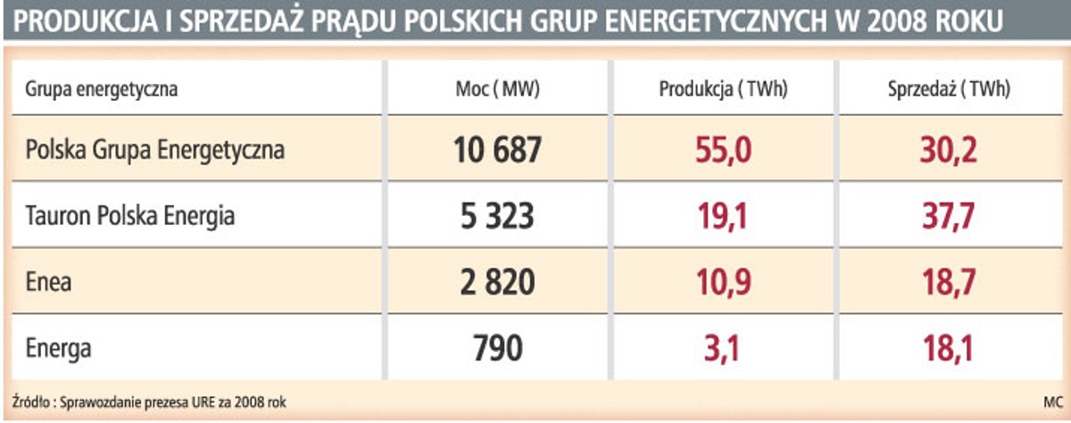 Produkcja i sprzedaż prądu polskich grup energetycznych w 2008 roku