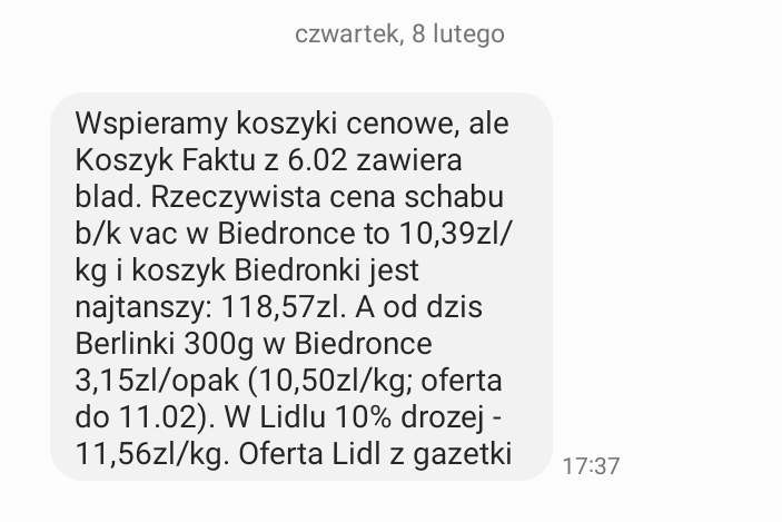 Taką treść miał sms od Biedronki z 8 lutego, którym ta sieć wydała najnowszą bitwę Lidlowi