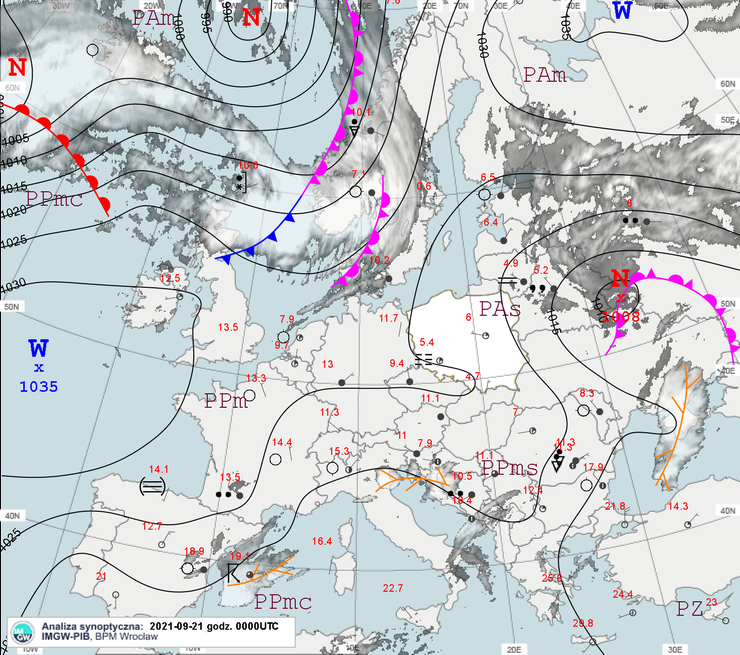 Mapa synoptyczna Europy (21.09, 00UTC). Widoczny wyż na zachodzie i północy, niż na wschodzie i napływ powietrza arktycznego do Polski