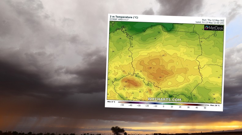 Piątek ze zmiennym zachmurzeniem i z przelotnymi opadami (mapa: wxcharts.com)