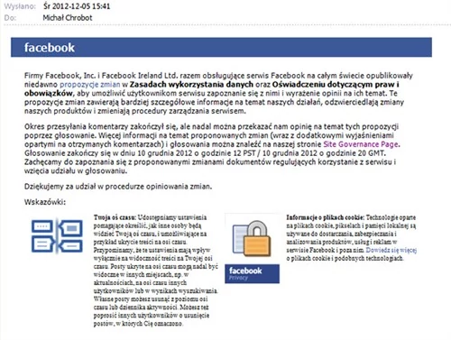 Facebook wysyła maile informacje o trwającym głosowaniu