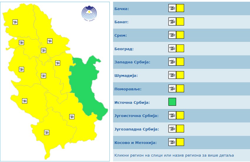 Žuti meteoalarm u većem delu Srbije