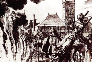 The burning of a 16th century Dutch Anabaptist as a heretic or witch.