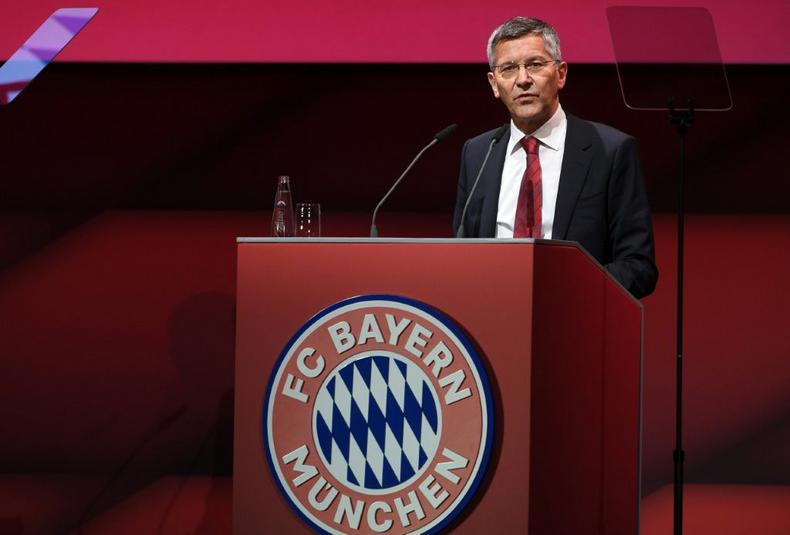 Bayern Munich president Herbert Hainer addresses delegates at the club's 2021 Annual General Meeting