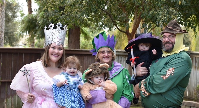 Stephanie Ross, left, with her mom, Monica Ross, husband, Andrew Philippe, and their triplets dressed up for a costume party.Courtesy of Stephanie Ross