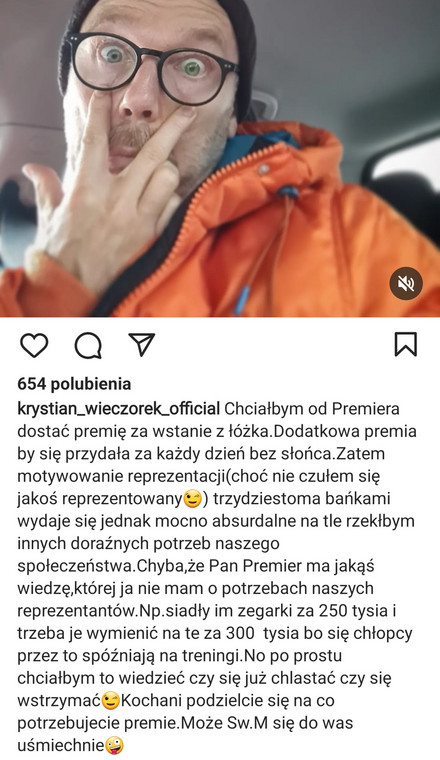 Widok postu zamieszczonego na profilu Krystiana Wieczorka na Instagramie