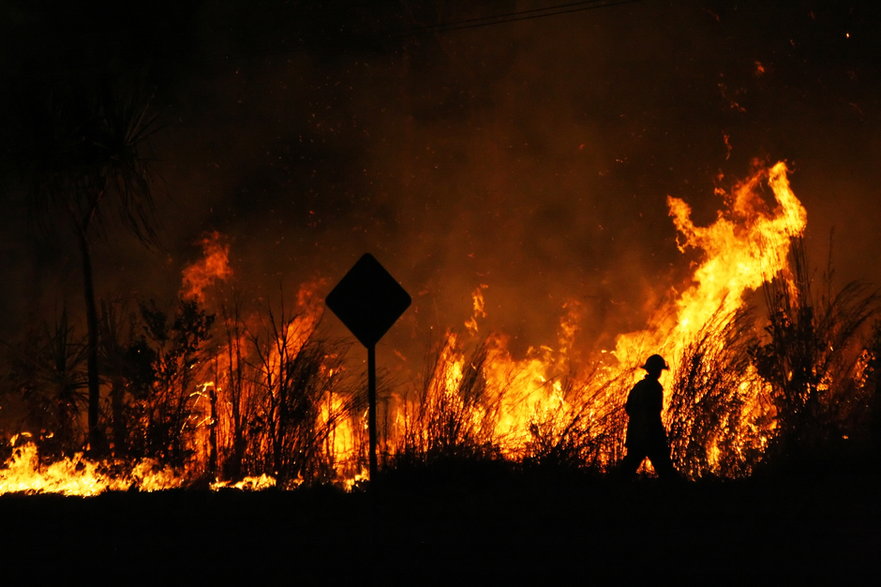 Czego ludzie boją się najbardziej? Od kilku lat na liście największych zagrożeń ludzkości dominuje kryzys klimatyczny i jego skutki. Na zdjęciu widać pożar lasu w Australii. Fot. VanderWolf Images/Shutterstock