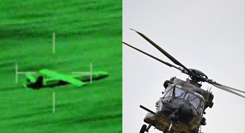 A Houthi attack drone (L) and a French NH90 helicopter (R).French defense ministry and EMMANUEL DUNAND/AFP via Getty Images