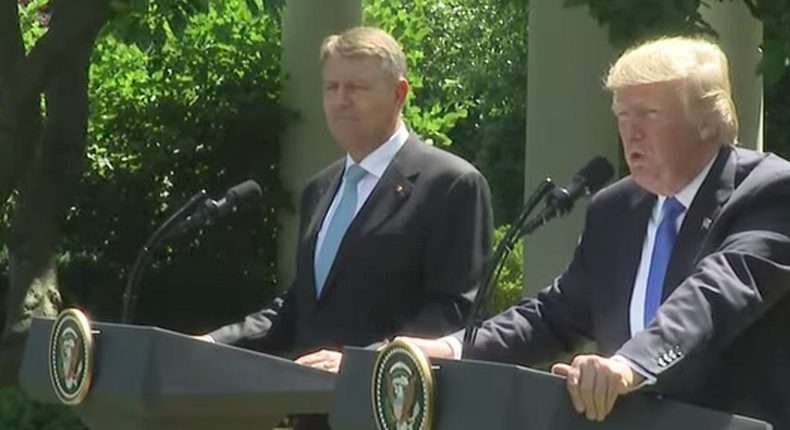 Trump speaks at a joint press conference with Romanian President Klaus Iohannis.