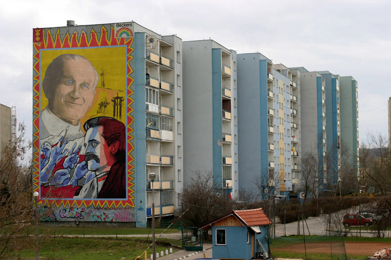 Gdańsk-Zaspa, mural z wizerunkiem Jana Pawła II i Lecha Wałęsy