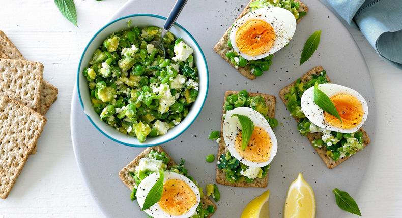 smashed pea avocado feta and egg crispbreads