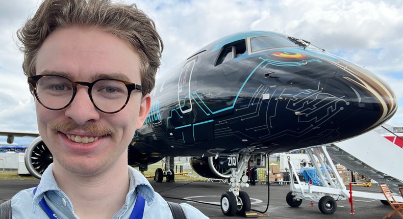 The author and an Embraer E195-E2 at the Farnborough Airshow.Pete Syme/Business Insider