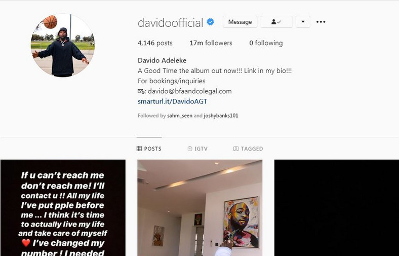 Davido unfollows everyone on Instagram including his soon to be wife, Chioma.