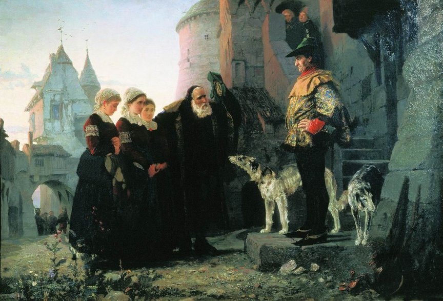 Wasilij Polenow, „Le droit du Seigneur” (1874) – starzec przyprowadza swoje młode córki do pana feudalnego