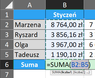 1.1  Działanie skrótu klawiaturowego dla funkcji SUMA przy zaznaczonej pojedynczej komórce
