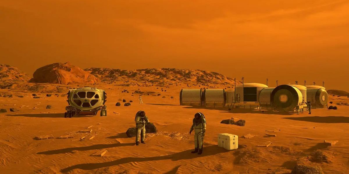 Artystyczne wyobrażenie astronautów i bazy na Marsie. Wideorozmowy z marsjańskimi astronautami będą wyzwaniem, nawet gdy Mars będzie najbliżej Ziemi - tłumaczy badacz z Japońskiej Agencji Kosmicznej.
