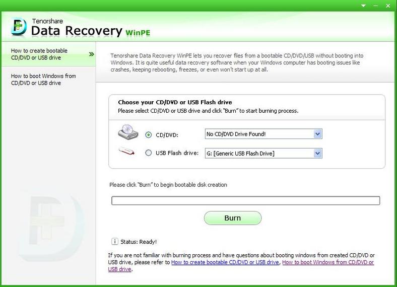Przed rozpoczęciem odzyskiwania danych musimy utworzyć nośnik bootowalny w oknie programu Tenorshare Data Recovery WinPE