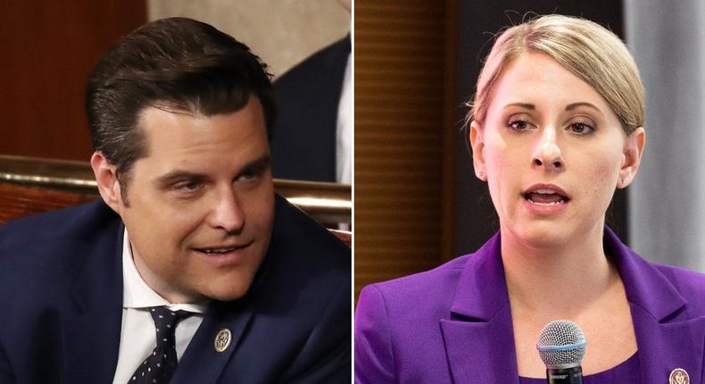 A composite image of Rep. Matt Gaetz of Florida and former Rep. Katie Hill.
