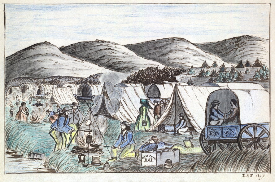 Obozowisko namiotów i krytych wozów nad rzeką Humboldt w Nevadzie, 1859