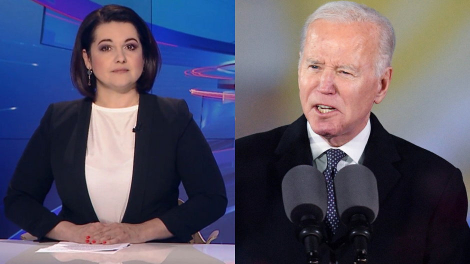 Prowadząca "Wiadomości" Edyta Lewandowska i prezydent Joe Biden podczas przemówienia w Warszawie