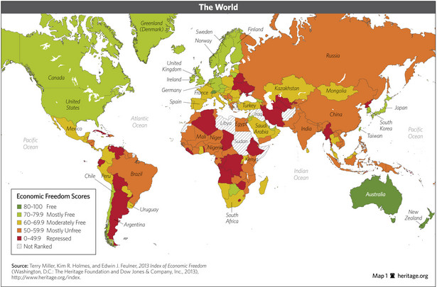 Indeks Wolności Gospodarczej 2013 - świat, źródło: Heritage Foundation.