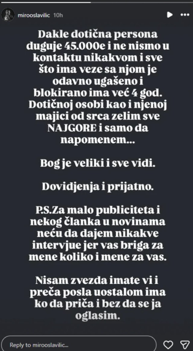 Miroslav Ilić optužio Sandru Rešić da mu duguje 45000 evra