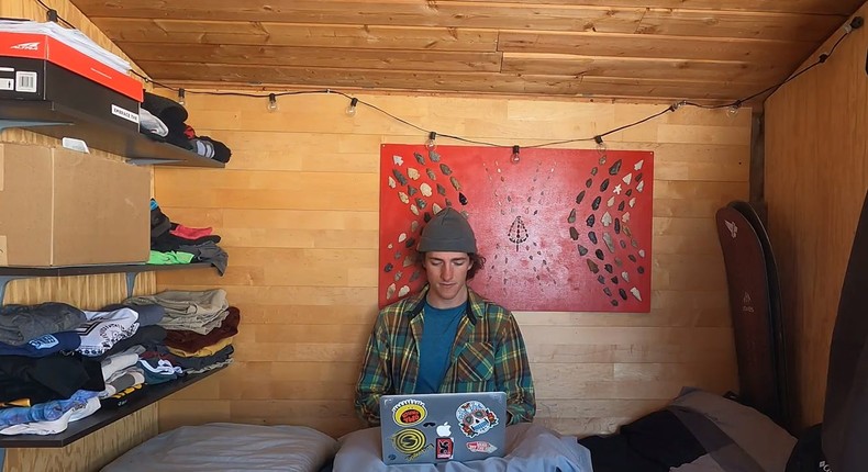 Keenan Laurence inside his tiny home in Silverthorne, Colorado.
