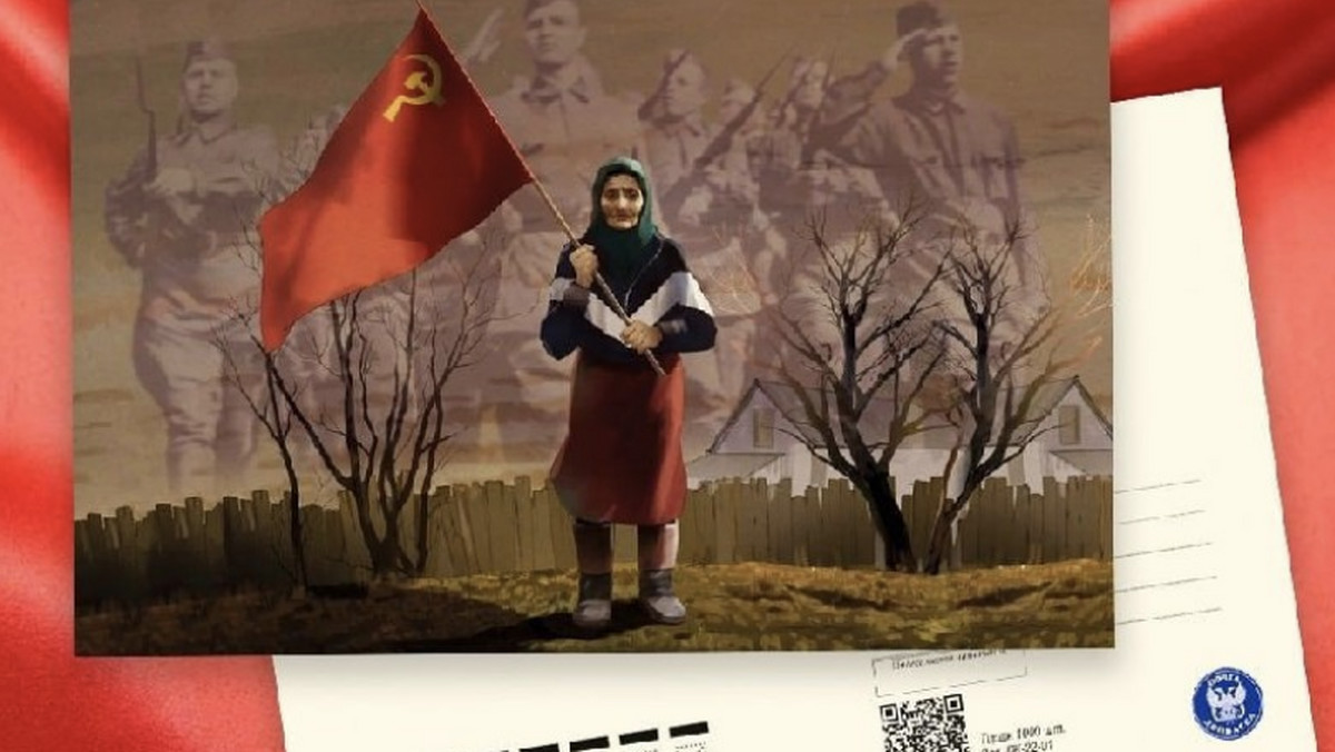 Wojna w Ukrainie. Babcia z czerwoną flagą symbolem wspierania wojny w Rosji