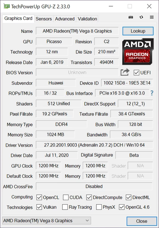 Huawei MateBook 13 (AMD) − Ryzen 5 3500U, Vega 8 GPU-Z