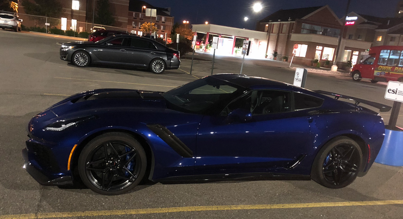 You could barely tell that the ZR1 was a handsome Elkhart Lake Blue Metallic when I picked it up at night near the Detroit airport.