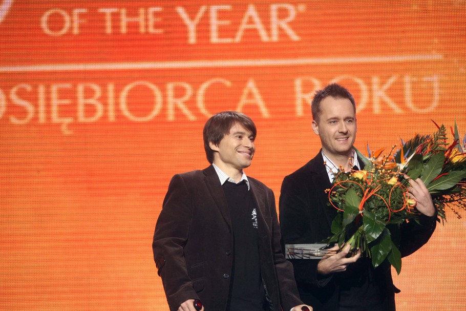 Marcin Iwiński i Michał Kiciński na finałowej gali Przedsiębiorca roku 2008