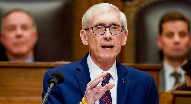 Wisconsin Gov. Tony Evers addresses a joint session of the Legislature in the Assembly chambers at the state Capitol in Madison, Wis. on Feb. 15, 2022.