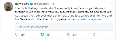 Burna Boy blasts those who say he steals Fela songs. (Twitter/BurnaBoy)