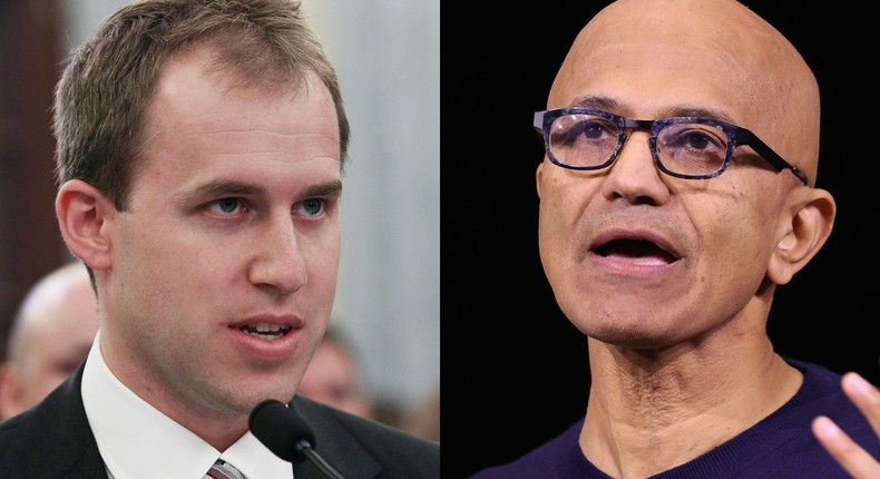 OpenAI's incoming board chairman, Bret Taylor (left), and Microsoft CEO Satya Nadella.Mark Wilson and Justin Sullivan via Getty Images