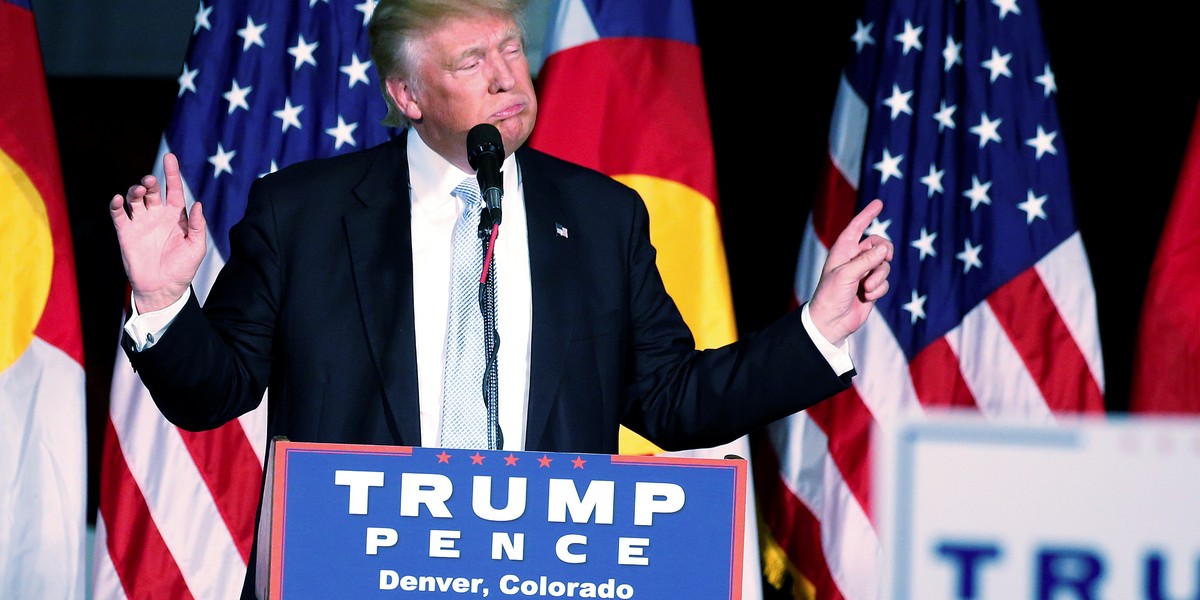 Donald Trump speaks at the Wings Over the Rockies Air and Space Museum during a campaign rally in Denver, Colorado, on July 29.