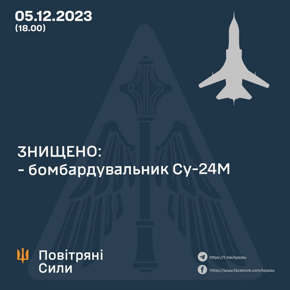 Ukraińskie doniesienie z 5 grudnia na temat zestrzelenia bombowca Su-24M.