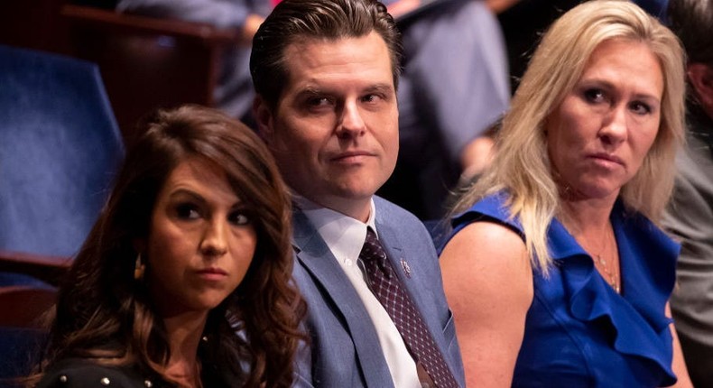 (L-R) Rep. Lauren Boebert (R-CO), Rep. Matt Gaetz (R-FL) and Rep. Marjorie Taylor Greene (R-GA) attend a House Judiciary Committee hearing with testimony from U.S. Attorney General Merrick Garland at the U.S. Capitol on October 21, 2021 in Washington, DC.Michael Reynolds-Pool/Getty Images